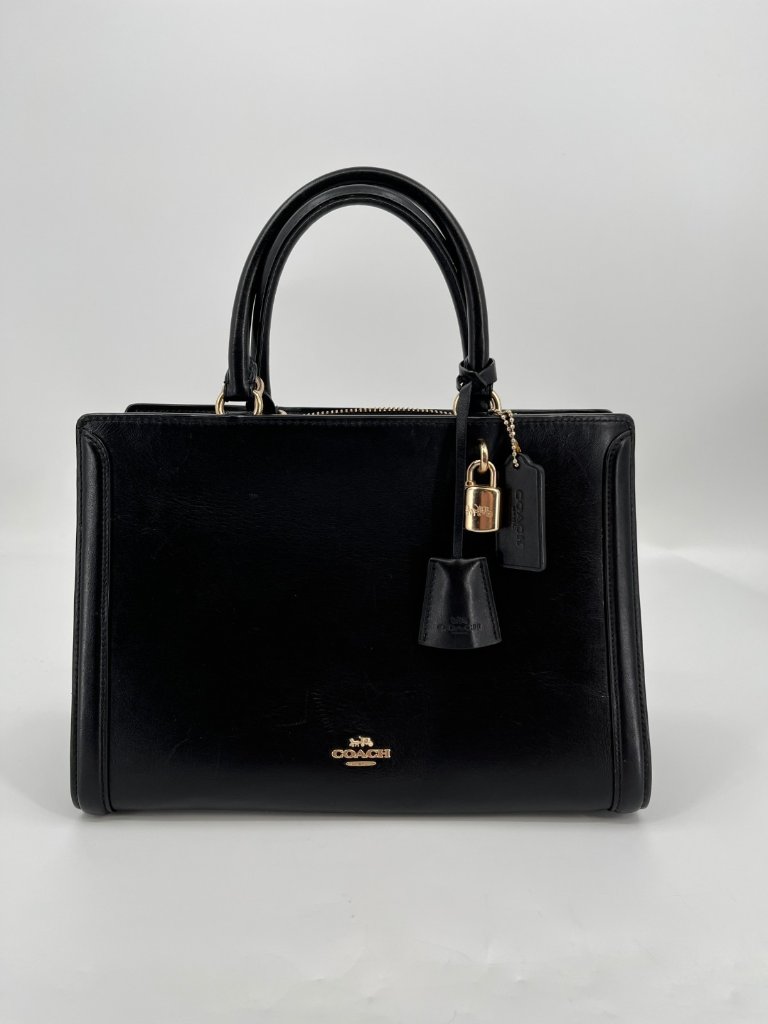 Coach Zoe Carryall Satchel Black Leather Top Handle Zip Gold Hardware Pocket